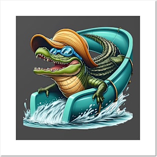 An alligator with a giant swim cap and goggles riding a waterslide Posters and Art